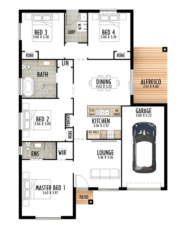 Single storey home design with 4 bedrooms